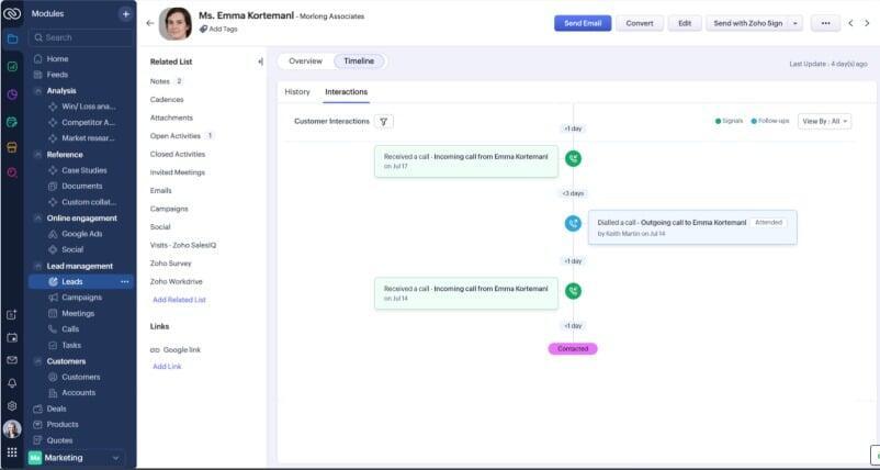 Zoho CRM For Everyone Interactions Tab