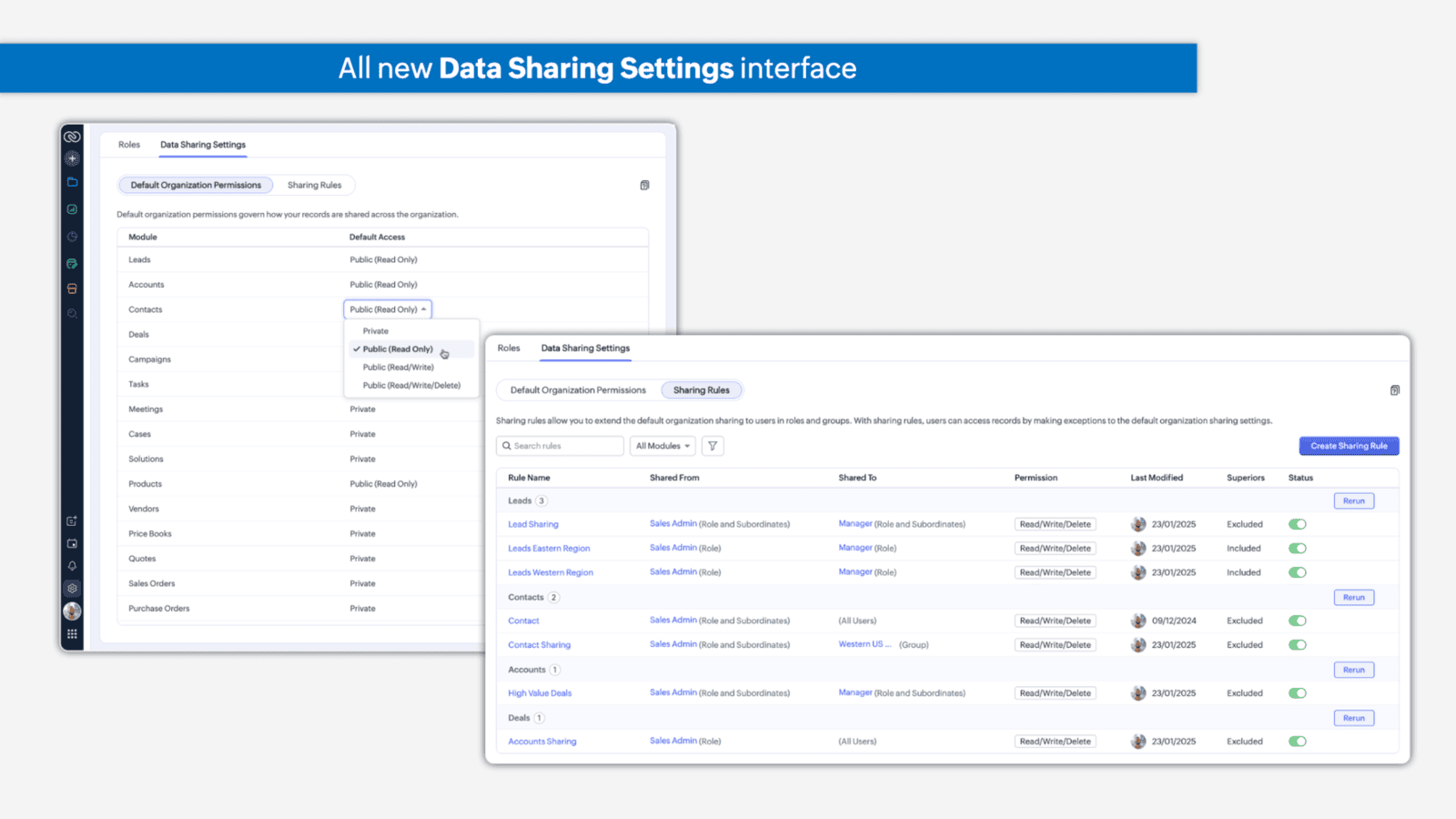 Zoho CRM For Everyone New Data Sharing Settings Interface